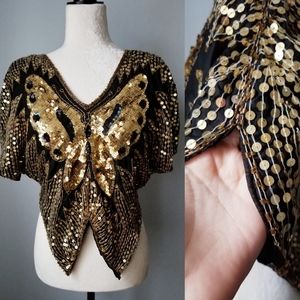 Vintage Gold Sequin Butterfly Top Medium